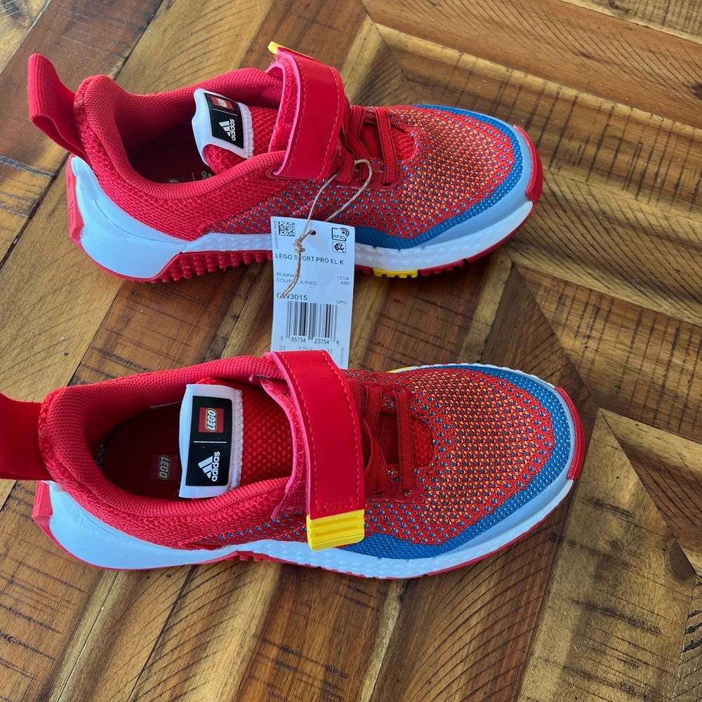 NWT Adidas Lego size 13C red sneakers.